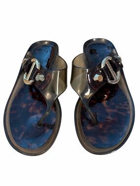 Stuart Weitzman Palma Jelly Thong Sandal Smoky Tortoiseshell Women 6 Gold Ring